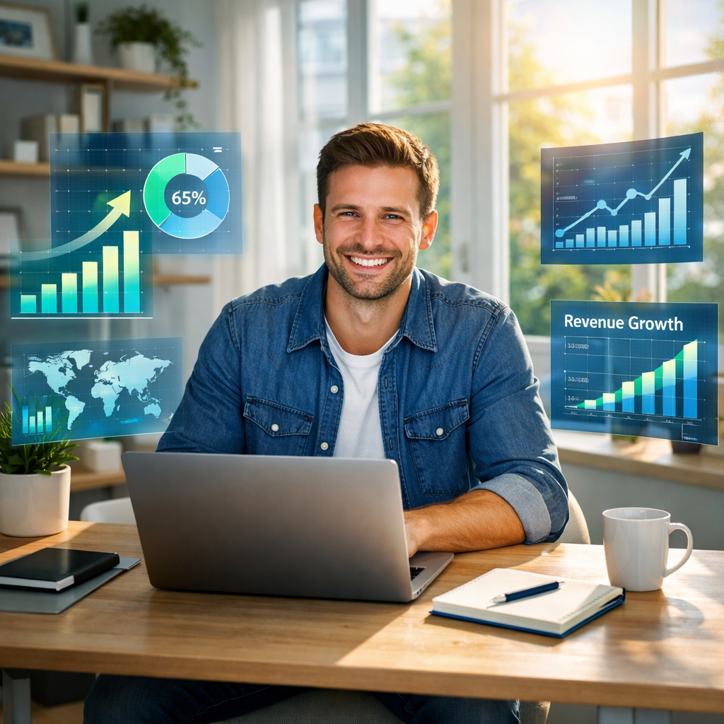 Male Founder Confident In Scandi Office With Floating Graphs And Charts Male Founder Confident In Scandi Office With Floating Graphs And Charts